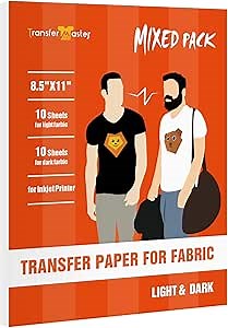 Printable Heat Transfer Paper for Inkjet Printers, 20 Sheets Mixed Pack - Light and Dark Fabric Iron-On Transfer Paper for DIY T-shirts, 8.5X11 Inch