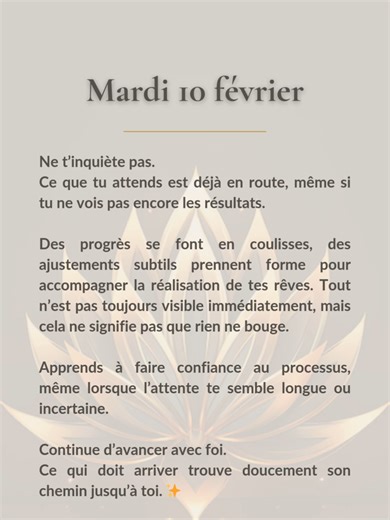 Fais confiance au processus Même si tu ne vois pas encore les résultats, des choses se mettent en place. Continue d’avancer avec foi… ce qui t’est destiné trouve son chemin. Tu te sens hypersensible, trop sensible ou parfois impatiente face à l’incertitude ? Ici, tu avances en douceur pour cultiver confiance, sérénité et alignement. Guides, inspirations et rituels doux pour les âmes sensibles. Suis moi pour plus de confiance intérieure Partage à une personne qui a besoin d’être rassurée aujourd’