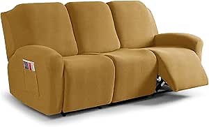 CONRUSER Stretch Recliner Sofa Cover, 8 Pieces Recliner Slipcovers Soft Jacquard Couch Cover for 3 Seater Non-Slip Furniture Protector with Pocket (Gold)