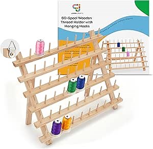 Wooden Thread Holder. 60-Spool Thread Organizing Rack w/Hanging Hooks & Flip-Out Legs, Great for Embroidery, Cross Stitch, Quilting, Mending, & Sewing Threads. 16.1”x1.9”x13.2”