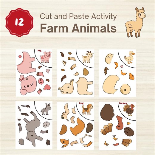 Farm Animals Cut and Paste Activity: 12 Printable Worksheets (digital Download) - Etsy