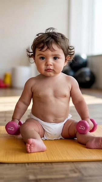 Starting young—future beast in the making!” Hashtags: #BabyWorkout #TinyTrainer #GymTok #FitnessFun #FutureChampion #Motivation #WorkoutVibes #StartYoung #StrongBaby #CutestRep