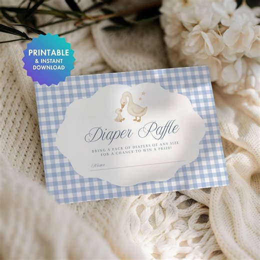 Silly Goose Diaper Raffle Card | Dusty Blue Gingham Baby Shower Game for Boy | Printable & Editable Canva Template - Etsy