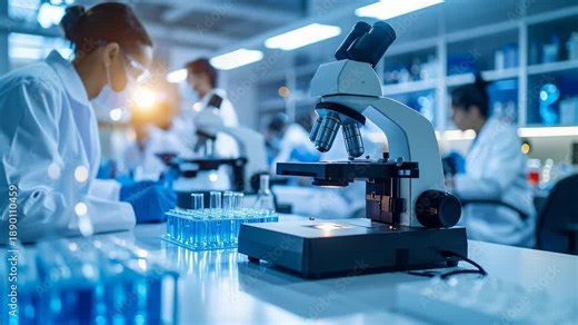 Scientists in laboratory coats working with microscopes and test tubes in a modern research facility