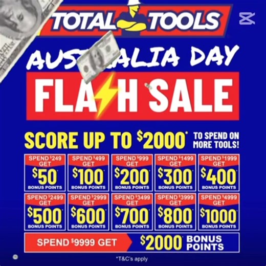 ➡️TOTALTOOLS MACKAY! ⚡ 𝗔𝗨𝗦𝗧𝗥𝗔𝗟𝗜𝗔 𝗗𝗔𝗬 𝗙𝗟𝗔𝗦𝗛 𝗦𝗔𝗟𝗘 - 𝗢𝗡 𝗡𝗢𝗪 ‼ ⏰ 𝟭-𝗗𝗔𝗬 𝗢𝗡𝗟𝗬 | 𝗧𝗛𝗨𝗥𝗦 𝟮𝟮𝗻𝗱 𝗝𝗮𝗻. Score 𝗨𝗣 𝗧𝗢 $𝟮𝟬𝟬𝟬 𝗕𝗢𝗡𝗨𝗦 𝗣𝗢𝗜𝗡𝗧𝗦 Storewide to spend on more tools & accessories! 𝗧𝗢𝗗𝗔𝗬 ONLY!! | Total Tools Mackay