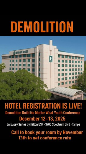 Don’t miss the Demolition: Build No Matter What Youth Conference happening December 12–13, 2025 at the beautiful Embassy Suites by Hilton – USF/Tampa! 🏨✨ 📅 Call to book your room by November 13th or book via link online to secure the special conference rate. 📍 Mention Angels on Assignment when reserving. https://www.hilton.com/en/attend-my-event/demolition-conference-dec2025/ 💥 Get ready for two days of faith, fire, and transformation! #DemolitionConference #BuildNoMatterWhat #YouthEmpowerme