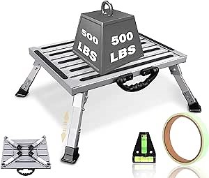 RV Steps - Extra Large Aluminum RV Step Stool - Height Adjustable Folding Platform Step with 19" X 14.5" Anti-Slip Surface, Rubber Feet, Handle - Supports Up to 500 lbs