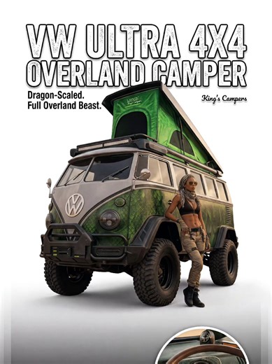 Volkswagen T1 | Dragon Skin – AI digital design classic volkswagen t1 reborn with a deep metallic emerald dragon-scale finish, sitting high on lifted suspension with oversized off-road tires, reinforced bumpers, roof-mounted led bar and a glowing green pop-top camper roof. vintage curves meet bold expedition styling against desert terrain, while inside features rich wood cabinetry, green leather seating, a retro dashboard upgraded with modern navigation and a compact fully functional camper setu