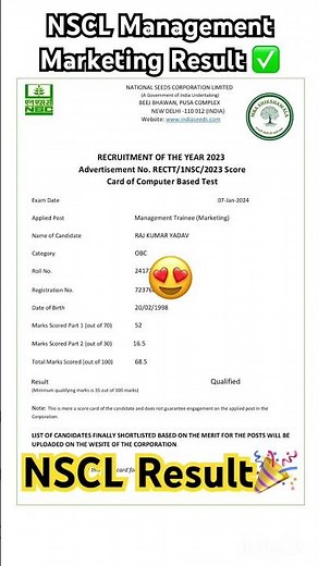 NSCL Results/Management Marketing#nscl #exam #rajyadav #mbashikshawala#governmentexam #upssscexam