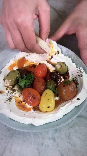 10-Minute Whipped Labneh Dip with Tomatoes and Olives | The Mediterranean Dish