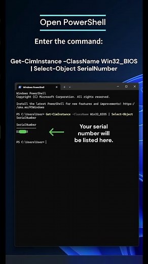 Easy way to find your devices serial number using PowerShell. #windows#powershell