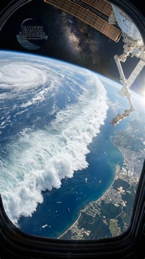 From the station windows a huge wall of water was moving toward the coastline. It stretched across the horizon like the ocean itself was rising and travelling in one direction. From above you can see the scale, the shadow, and the movement clearly, but the land below looks small and fragile. This scene is not real. It was generated using AI and is a fictional visual interpretation. #tsunami #space #earth #ocean #coast #waves #visual #fictional #ai #planet #earthview #spaceview #station #storm #w