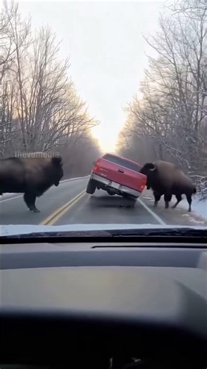 A harrowing roadside standoff unfolded on a remote road in Alaska when two large territorial animals