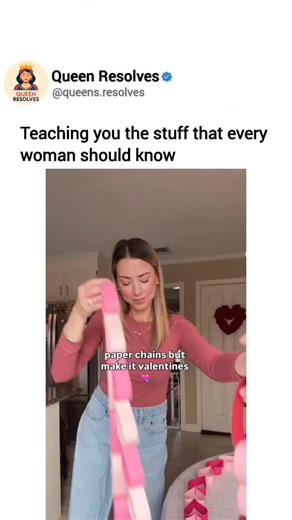 Queen Resolves on Instagram: "This is a simple paper craft that turns basic strips into a heart chain — easy to make, low-cost, and perfect for Valentine décor. By cutting paper into ribbon-like strips and shaping each one into a heart, you create individual links that connect into a flowing chain. Each heart is formed by curving the strip inward and securing it with a staple. The next strip is then looped through the previous heart before stapling, creating a clean interlocking pattern. The res