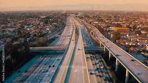 Top view drone rising above incredible complex highway junction in Los Angeles. Aerial Shot of Los Angeles Downtown.