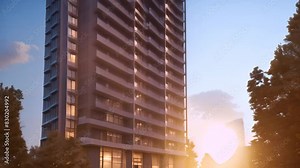 A very tall building covered in windows, showcasing a highrise apartment complex, A high-rise apartment building with state-of-the-art amenities