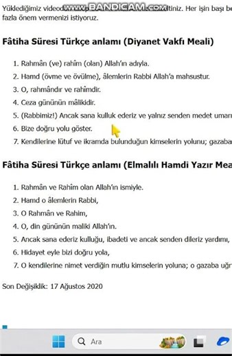 Fatiha Suresi Türkçe Anlamı