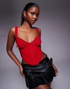 I.AM.GIA Bri soft touch ruched frill edge balconette cup corset top in red | ASOS