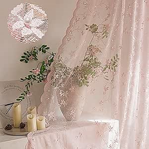 Pink Lace Curtains - Sheer Lace Panels with Scalloped Edges & Pearl Decor Floral Design for Living Room, Bedroom & Nursery, Vintage Sparkle Curtains, Rod Pocket, 52 x 63 Inch, Set of 2 Panel