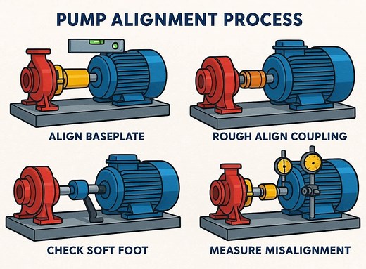 Pump Alignment Process 1. Preparation: - Ensure pumps are properly installed and leveled - Gather alignment tools (e.g., dial indicators, laser alignment tools) 2. Measurement: - Take readings to determine misalignment (angular, parallel, or combination) - Use tools to measure shaft alignment and pump foot alignment 3. Adjustment: - Make adjustments to pump position to achieve proper alignment - Use shims, bolts, or other adjustment methods as needed 4. Verification: - Re-measure alignment to en