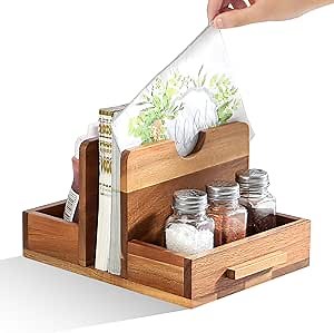 Wooden Napkin Holder with Salt and Pepper - Wooden Farmhouse Napkin Holder for Table, Kitchen Table Decor, and Salt & Pepper Shakers Wood Napkin Holder Farmhouse Napkin Holder, Acacia