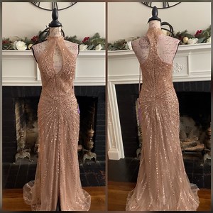 Heavily beaded gold prom dress, formal dress or pageant evening gown
