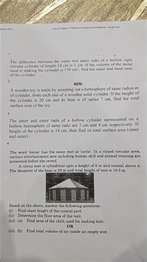 Class 10 Chapter 11 Volume and Surface area PYQ(2024) Patr-1