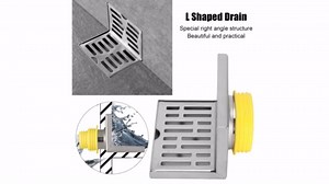 Corner Floor Drain, L Shaped Corner Side Drain Surfaces Drawing Process Stainless Steel Wall Side Floor Drain 90 Degree Horizontal Wall L Shaped Drainage Replacement for 2.3in Pipes