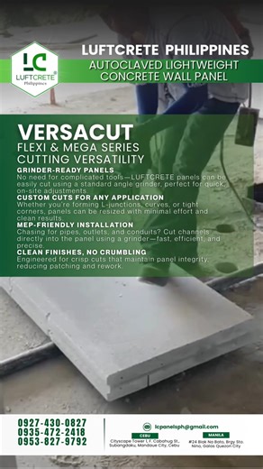 Cut it Clean. Shape it Fast. 🪚💨 LUFTCRETE WALL PANELS are designed with the installer in mind—just grab a grinder and go. From resizing to chasing, it’s all easy with: ✔️ Grinder-ready performance ✔️ Minimal edge crumbling ✔️ On-site flexibility without the fuss More control. Less effort. Total freedom. #LuftCrete #philippines #autoclavedconcretepanels #cebu #engineers #construction #ALCWallPanels #FlexiSeries #LuftCrete #MegaSeries | Luftcrete Philippines