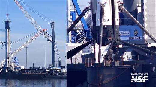 NASASpaceflight on Instagram: "Following its return the day before from the Kuiper KF-02 mission, Falcon 9 B1091-2 was removed from A Shortfall of Gravitas, and with teams working late into the evening to fold the landing legs, ahead of lowering it to horizontal, probably today, and transport it for processing for its next flight, that may be as a Falcon Heavy center core."