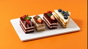 The appearance and disappearance of cakes on a cutting board on an orange background. Stop motion animation.