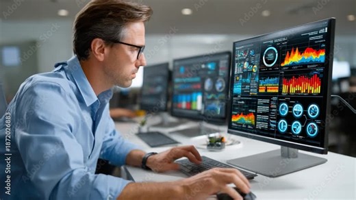 Data Analyst at Work: A focused data analyst meticulously examines complex datasets and visualizations displayed on a series of computer screens, analyzing data in a modern office environment.