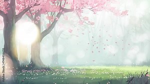 spring background in anime cartoon illustration style. seamless looping overlay 4k virtual video animation background Stock Video