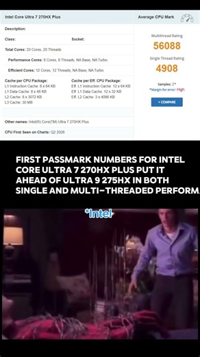 Intel Ultra 7 270HX Plus Beats Ultra 9 275HX