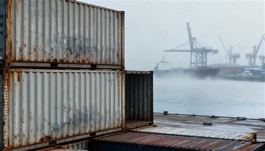 Shipping containers stacked at port with cargo ship and cranes in fog, global trade logistics, harbor, fog.