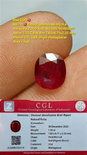 Bisa COD💥AW701💥Ruby Pigeonblood HQ H,a ,harga Rp 2,300 Ribu Wa 085792493877,berat 1,33