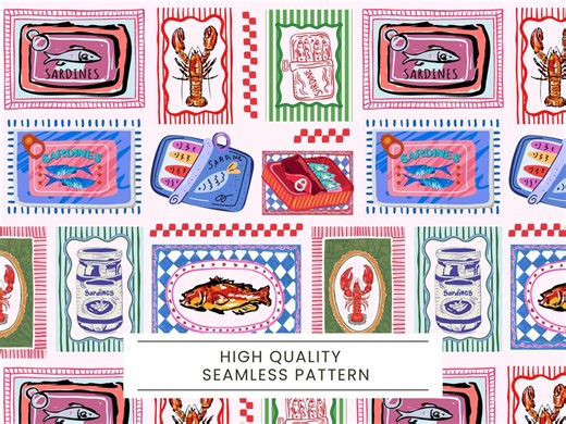 Seamless Colorful Fish Pattern, Sardines Seamless, La Dolce Vita Summer, Crustacean Seamless Files, Crawfish, Colorful Stamps, Lobster - Etsy