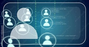User icons and HTML code snippets animation over blue digital background