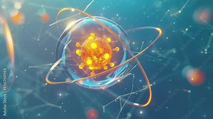 Abstract background with an atom. Atom structure with glowing particles on dark background. Background Microscopic atomic particle system. Atomic structure. Science.