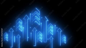 Neon bold up arrow icon blue color glowing animated black background