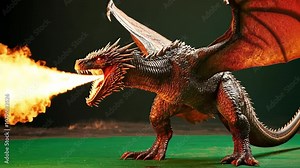 Dragon's fiery breath: Majestic dragon breathing fire against dark background. Epic fantasy creature, powerful and fierce