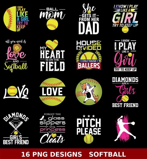 16 Softball PNG Digital Bundle Retro Graphics Shirt Designs Quotes Clipart Commercial Use - Etsy