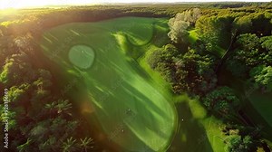 Golden Hour Golf Course: Aerial View: A serene golf course bathed in the golden glow of sunset, with lush green fairways winding through a picturesque landscape, offering a tranquil escape for golfers Stock Video