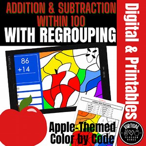 Apple Addition & Subtraction Digital & Printable Color by Code: WITH REGROUPING