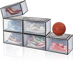 Shoes Storage Boxes,6Pack Sneaker Shoe Boxes Clear Plastic Stackable,Shoe Organizer Boxes with Magnetic Side Opening Lids, Display Case Shoe Container Boxes Fit Shoe Size Up to US 15