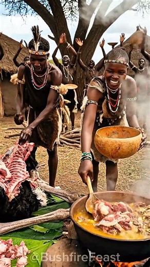 Primitive Ostrich Cooking in the Wild | Ancient Fire & Meat Ritual #tribalfood #triballife #shorts