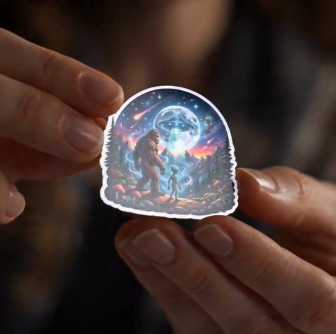 Bigfoot & Alien Encounter UFO Retro Vinyl Sticker - Paranormal Cryptid - Etsy