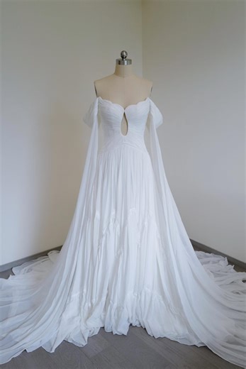 Flora | off Shoulder Boho Chiffon Wedding Dress With Detachable Sleeves | Chiffon A-line Bridal Gown | Keyhole Bust With Flowing Train - Etsy