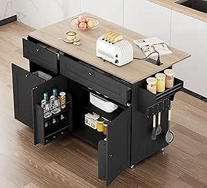 Kitchen Island with Storage, Kitchen Islands on Wheels with Drop Leaf&Power Outlet, Large Rolling Kitchen Island with Trash Can Storage, Mobile Kitchen Carts with Drawers,Spice Rack,Towel Rack (Black)