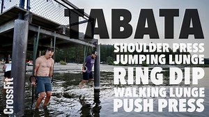 WOD Demo: Tabata in Tahoe Myles Lewis and the morning crew at CrossFit Avalanche perform today’s workout of the day: For max reps at each station: Tabata dumbbell shoulder presses Tabata weighted jumping lunges Tabata ring dips Tabata weighted walking lunges Tabata dumbbell push presses The Tabata interval is 20 seconds of work followed by 10 seconds of rest for eight intervals. There is no rest between stations. ♀ 25-lb DBs ♂ 35-lb DBs Post reps completed for each exercise to comments. Compare 